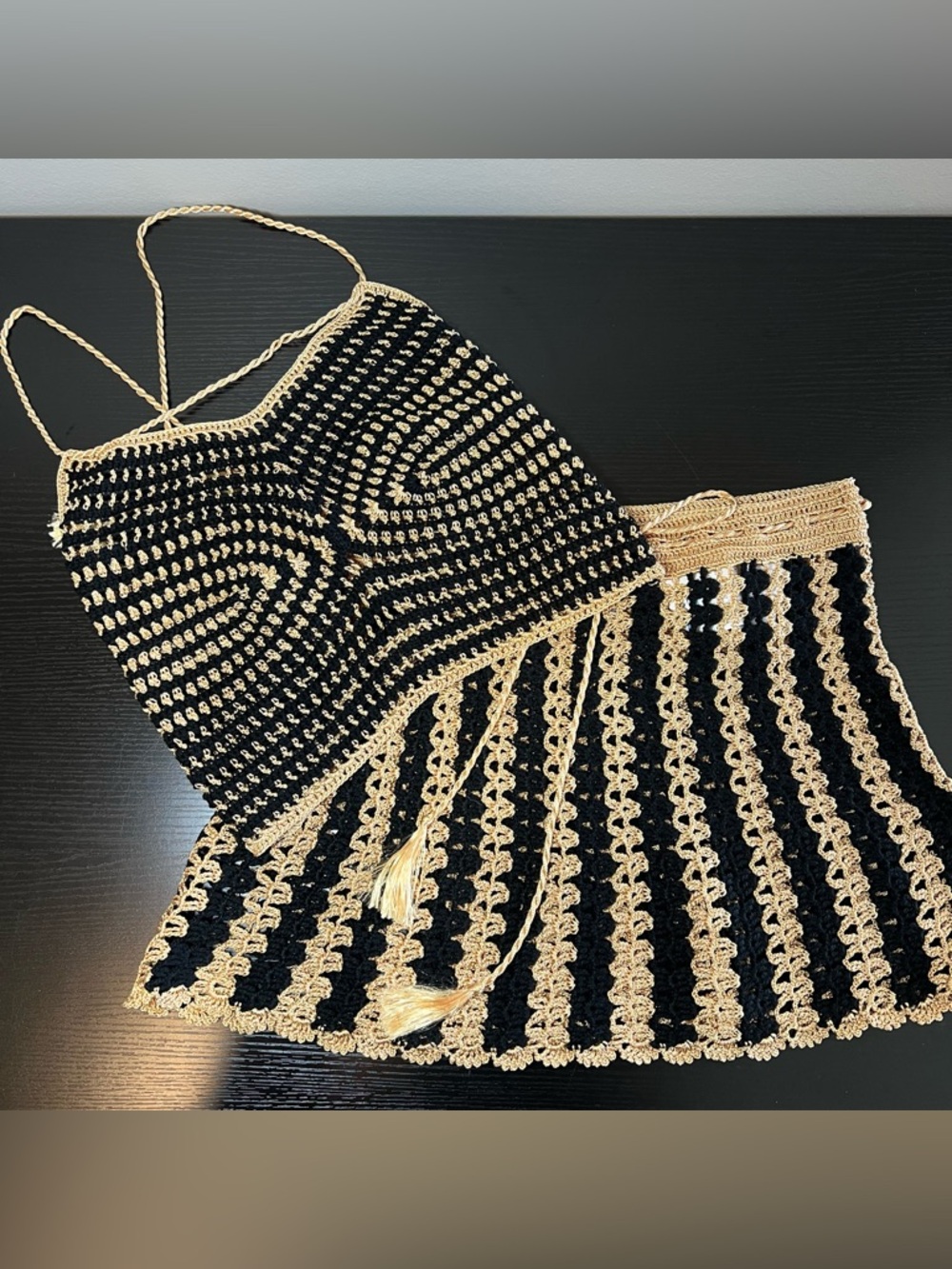 My Beachy Side Gold Black Handmade Knit Alouette Top & Skirt Set Small